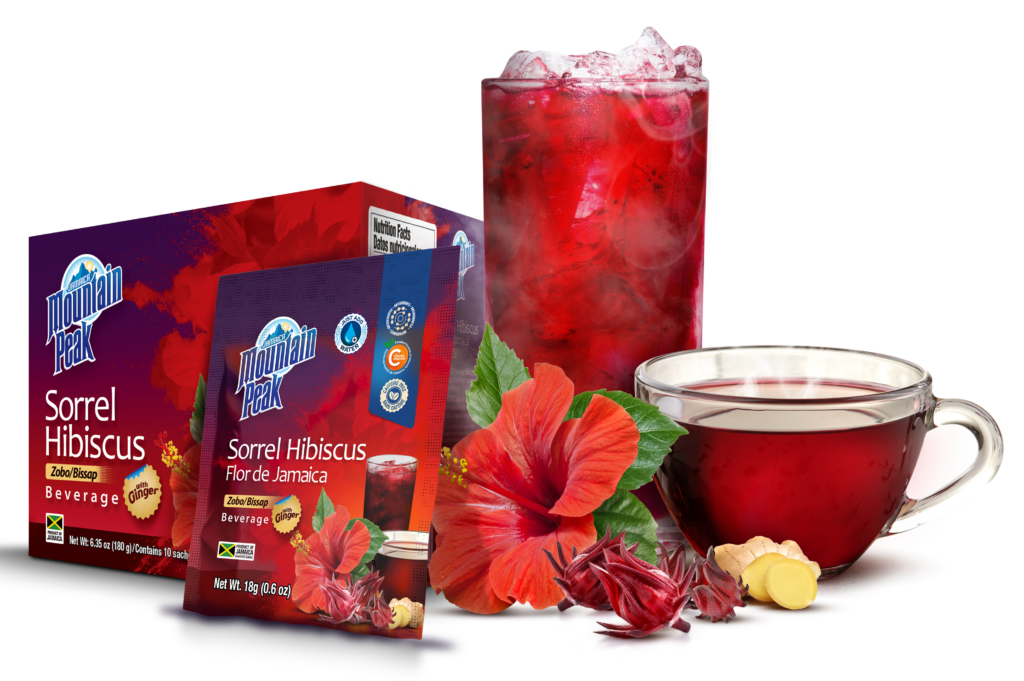 Jamaica Mountain Peak Sorrel Hibiscus pack with a glass of iced sorrel