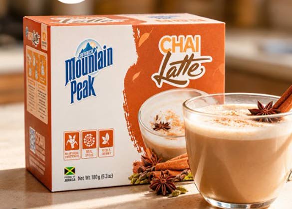 Jamaica Mountain Peak Chai Latte box and prepared drink with spices